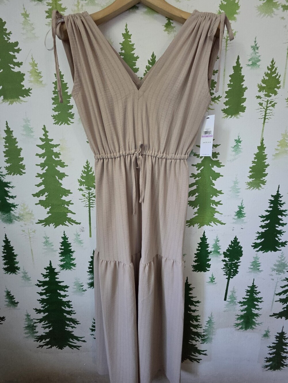 Sleeveless Calvin Klein V-Neck Beige Maxi Dress with Drawstring Waist